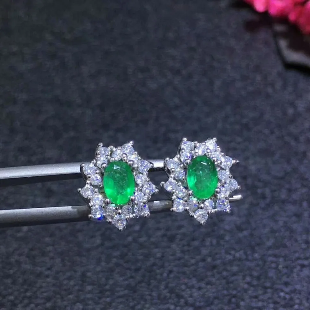 

SHILOVEM 925 sterling silver Natural Emerald stud earrings classic fine Jewelry women wedding new wholesale 4*6mm de040601agml