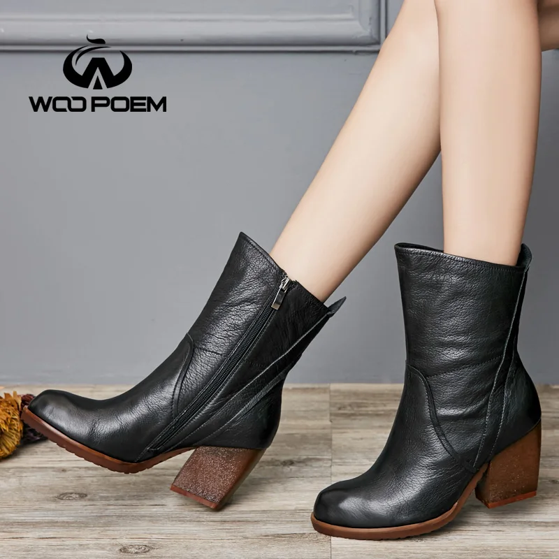 Сапоги женские из натуральной кожи на высоком каблуке до середины икры|genuine leather