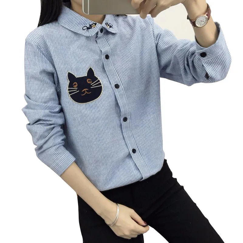 2016 Новая Коллекция Весна и Осень женская Рубашка Блузка Кот Вышивка С Длинным