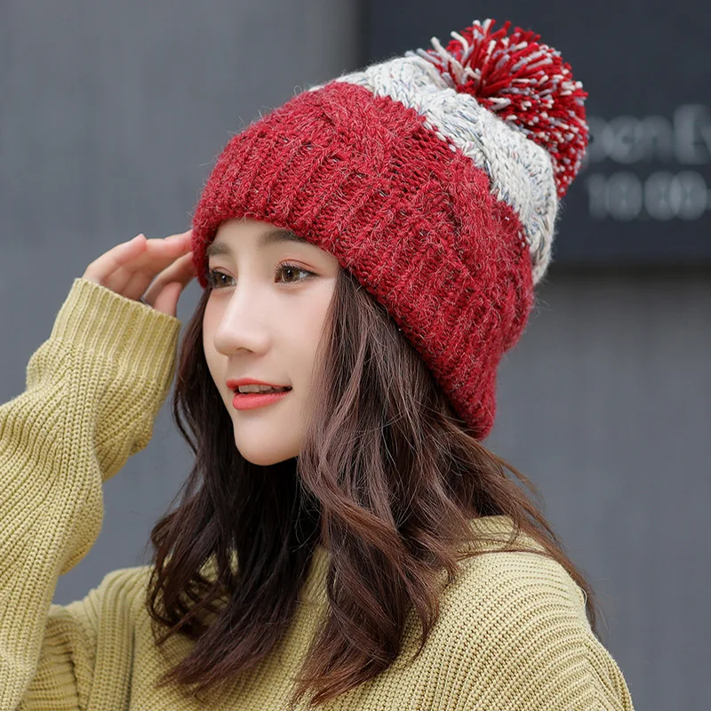 Модные шапочки Skullies для девочек, кепка, женская кепка с помпонами, женские плотные теплые шапочки Skullies, зимняя вязаная шапка для женщин