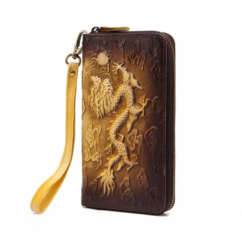 Dragon-Gold Мужской кошелек из натуральной кожи, модный держатель для карт, Чековая книжка на молнии, дизайнерский клатч 1016 - Цвет: Dragon-Gold