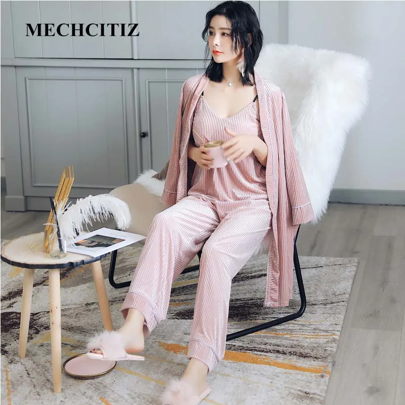 Бархатные пижамные комплекты MECHCITIZ 2019 осенне-зимний халат топ и штаны комплект из