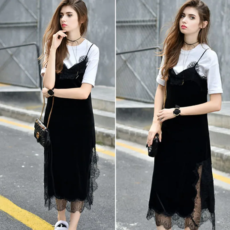 SESOAF сексуальные черные бархатные платья на бретельках кружевные гладкие Длинные