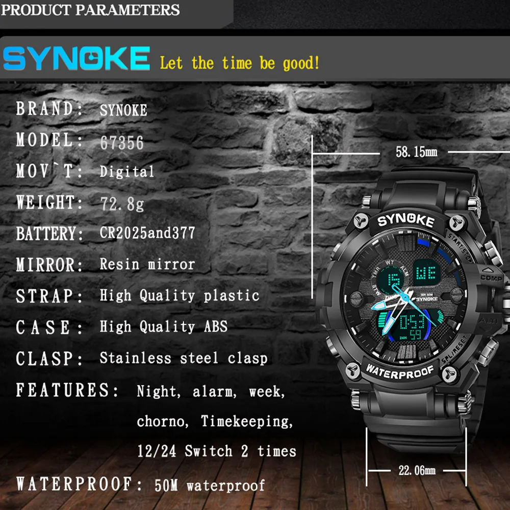 SYNOKE, мужские спортивные часы, цифровые часы с двойным хронографом, 50 м, водонепроницаемые часы с дисплеем недели, наручные часы, мужские часы