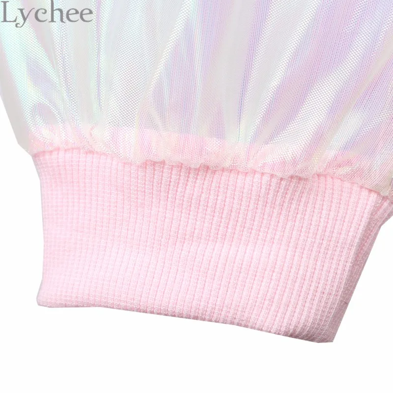 Lychee Весна Осень Harajuku японский стиль Женская футболка лазерная прозрачная с длинным рукавом Лоскутная кроп-топ