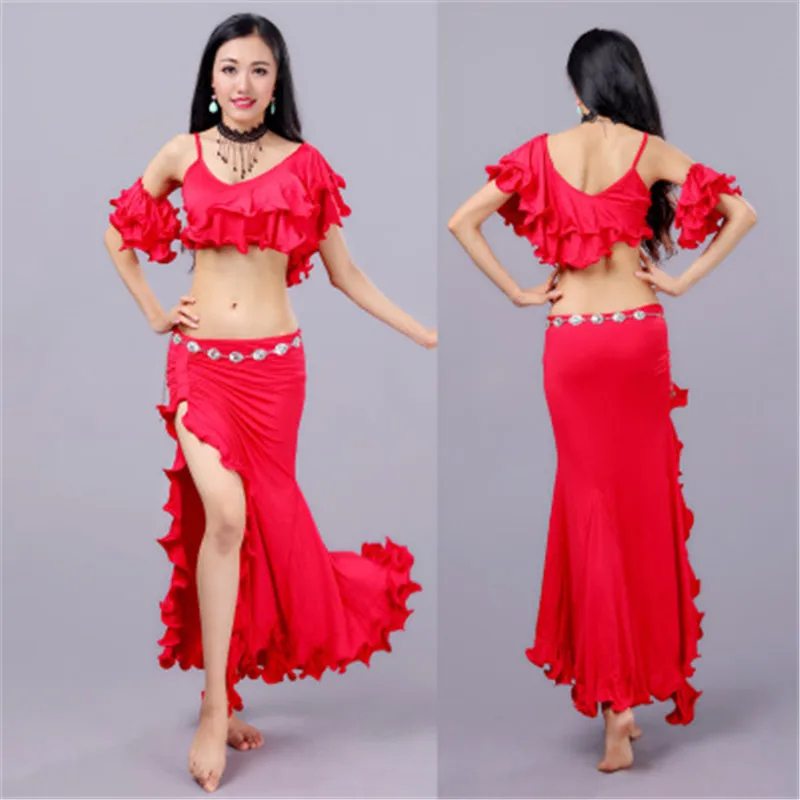 

2 Pcs Lady Dance Practice Dress Sexy Women Belly Dancer Practice Costume Set White Black Red Color Modal Belly Dance Dresses