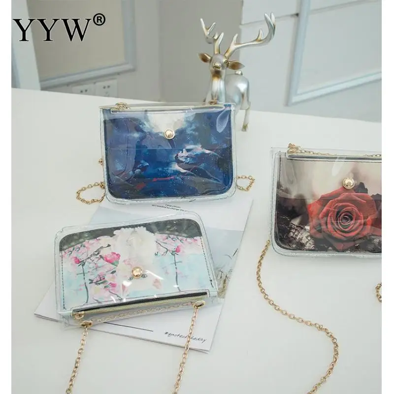 

5 style PVC Bag With Chain Purse Wallet Cell Phone Poccket Small Bags Diy Floral Transparent Shoulder Crossbody Bag Ladies Girl