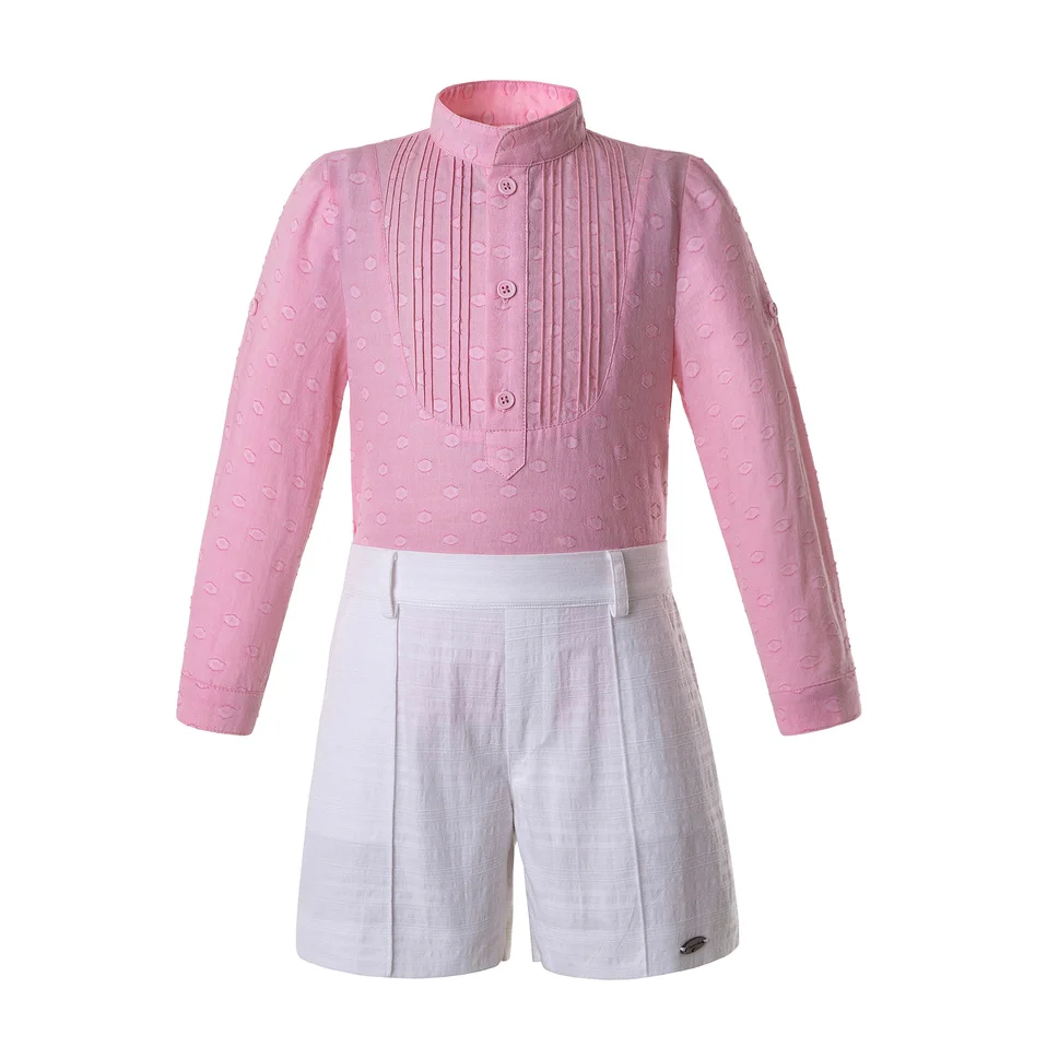 Pettigirl Pink Boys Clothing Set Stand Collar With Pleated Shirt And white Shorts Kids Clothes B-DMCS201-B506 |