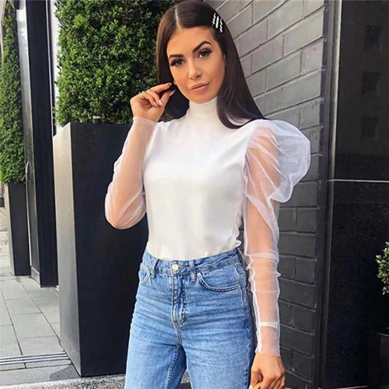 New Fashion Women's Turtleneck Long Mesh Puff Sleeve T Shirt Solid Color Slim Tops Ladies Casual Tee Party Wear Summer | Женская