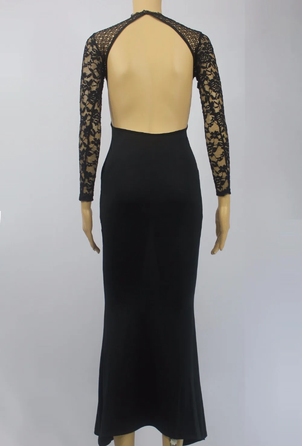 Черное Кружево Длинным Рукавом Спинки Русалка Платье Вырез Пром длинные