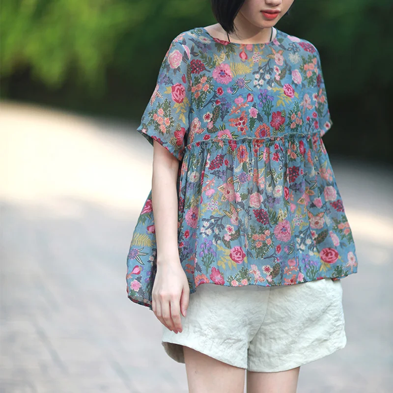 Style 1 Johnature, повседневные Модные топы с цветочным принтом и коротким рукавом, новинка, круглый вырез, высокая талия, летние женские свободные льняные пуловеры, футболки - Цвет: Style 1