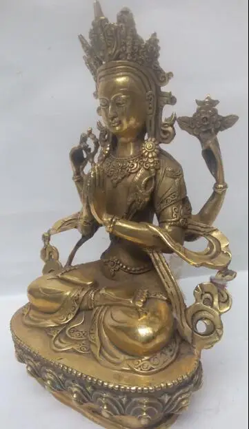 21 см */Древний китайский Бронзовый четырехручный guanyin белый Тара Будда в Тибете |