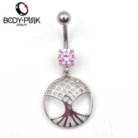 body punk 316l surgical steel tree life navel piercing pink crystal rhinestone dangle belly button ring fashion body jewelry