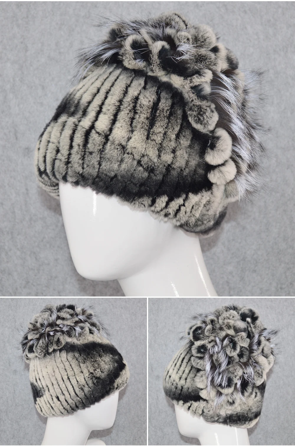 Горячая распродажа женский Настоящий мех кролика Skullies шапки Роскошные вязаные цветы натуральная шапка из меха кролика рекс зимние натуральный мех шапочки