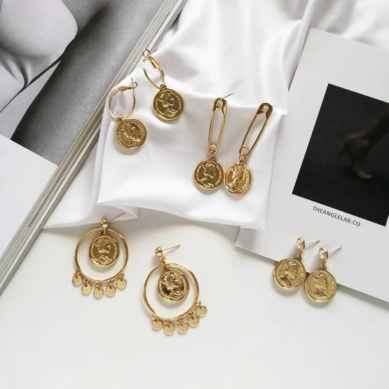 Панк золото головка монеты асимметричные серьги в виде капель для Для женщин