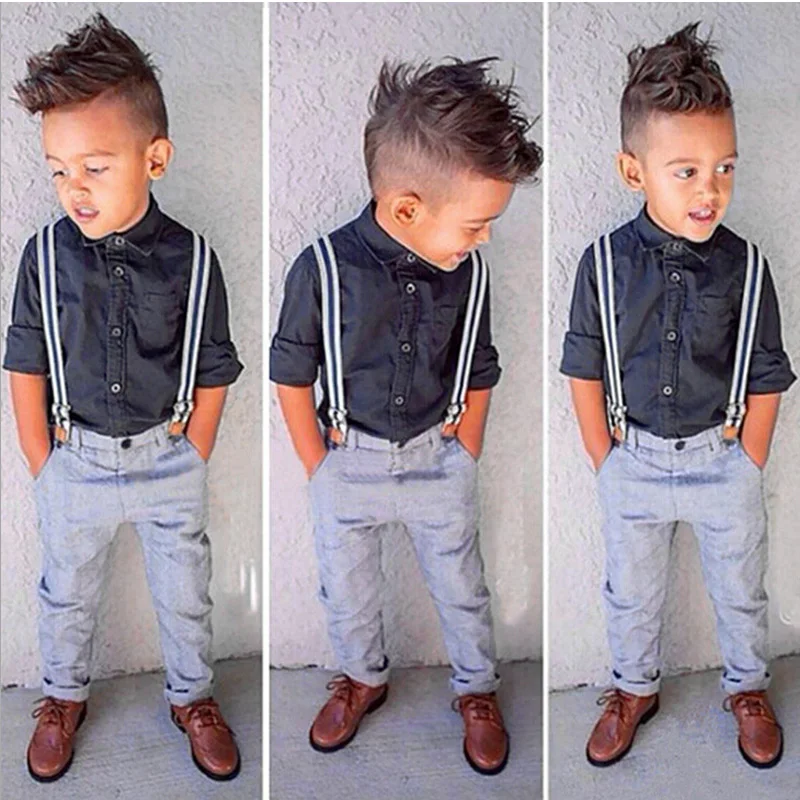 Elvesnest Kids Boys Clothing Set Spring Autumn Fashion Children Boy Clothes Suit Cotton Long Sleeve Shirt+Blue Strap Pants |