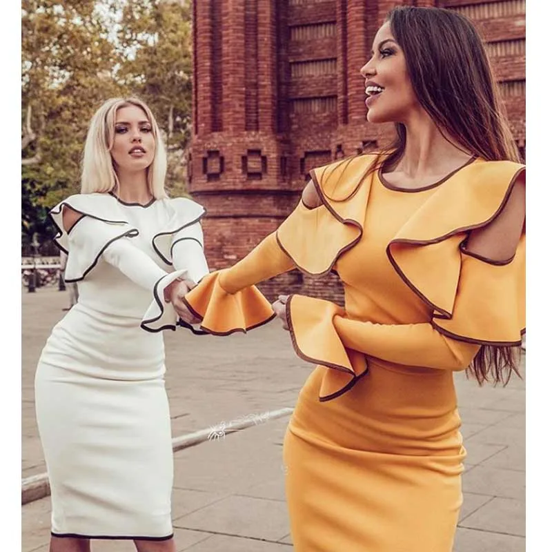 

Wholesale 2020 Newest Women dress Black and white long sleeves Ruffle Stylish and elegant Celebrity party bandage dress (H2829)