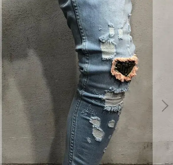 Модные новые мужские джинсовые брюки с вышивкой и дырками, мужские уличные обтягивающие повседневные джинсы в стиле хип-хоп