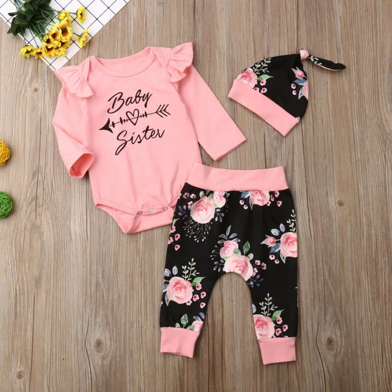 

Toddler Infant Baby Girl 3pcs Clothes Romper Tops+Long Pants +Hat Autumn Cotton Outfit Set