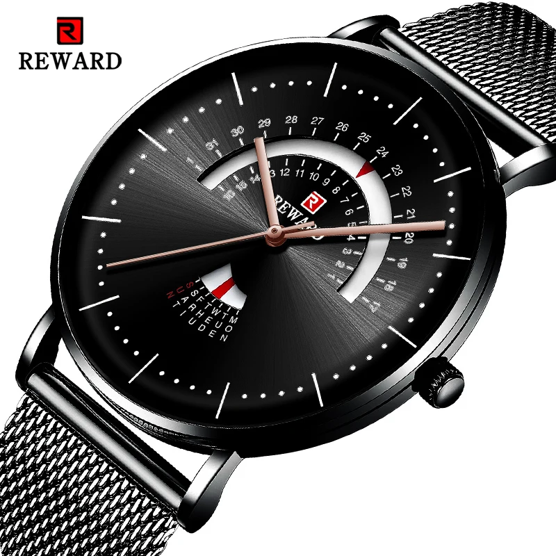 

REWARD Unique Creative Watch Men Steel Mesh Band Quartz Clock Mens Watches Waterproof Date Casual Men Wrist Watch Reloj Hombre