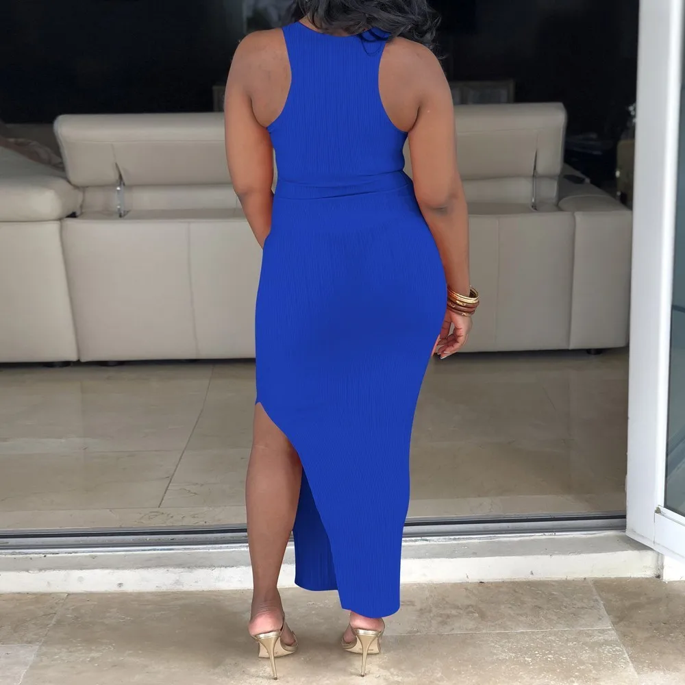 Женское трикотажное платье без рукавов голубое или оранжевое облегающее длинное