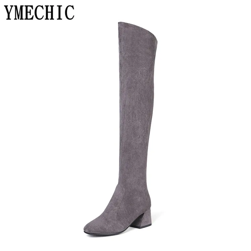 YMECHIC/2018 Замшевые женские Сапоги выше колена из флока сапоги на высоком массивном