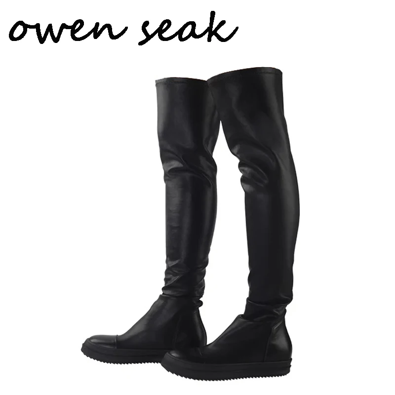 comprar Owen Seak Sapatos Masculinos Sobre O Joelho Botas Altas Formadores De Luxo Botas De Couro De Carneiro Botas De Inverno Casual Neve Plana Preto Botas Tamanho Grande