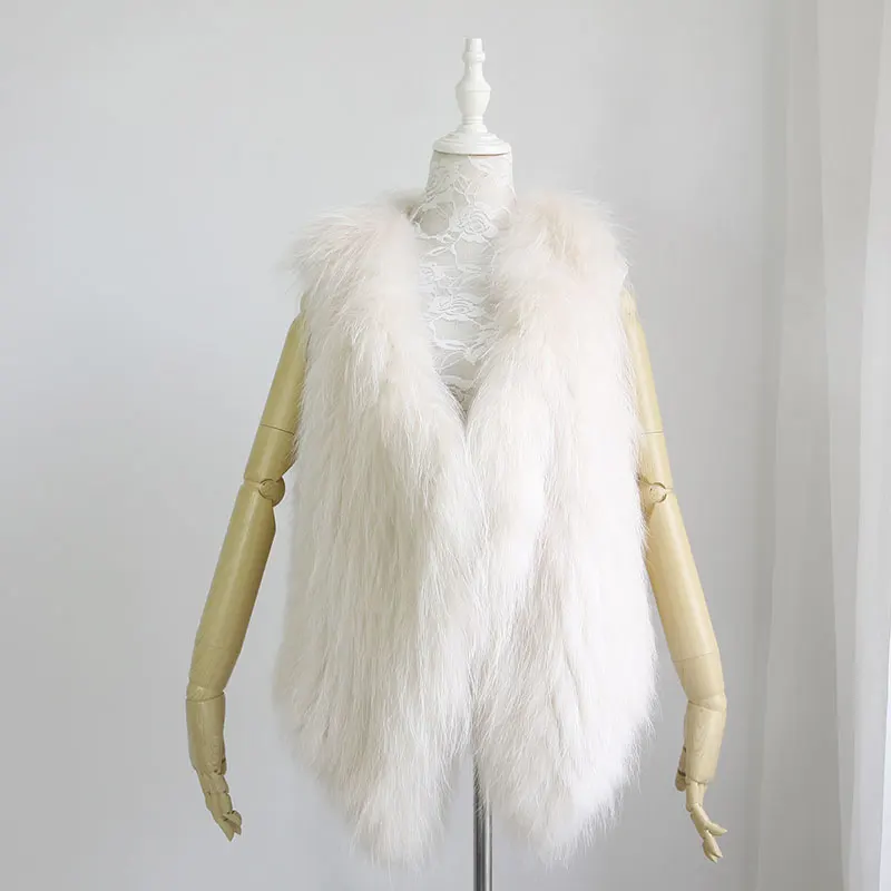 Крючком густо ручной вязать трикотажные белый мех енота жилет жилеты Топ куртки
