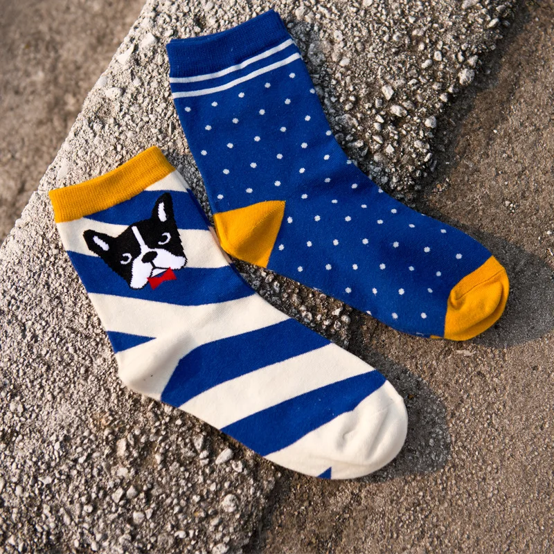 

2Pairs/lot Caramella Fashion Lovely Cartoon Socks Animal Cotton Socks for Women Dogs Pattern Socks Blue Striped Meias 10483