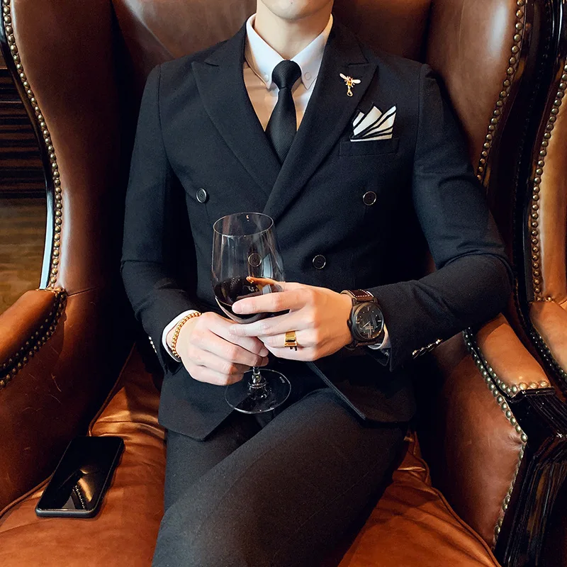 

Costume Double Boutonnage Homme Male Solid Color British Style Slim 3 Pieces Blazer Suits Set Wedding Groomsman Dress