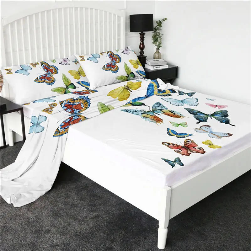 Butterfly Постельные принадлежности Outlet Единорог Натяжной простынь Королева 3D печать мультфильм Простыня Набор Цветочный плоский лист блеск постельные принадлежности 4-шт наматрасник - Цвет: Butterfly