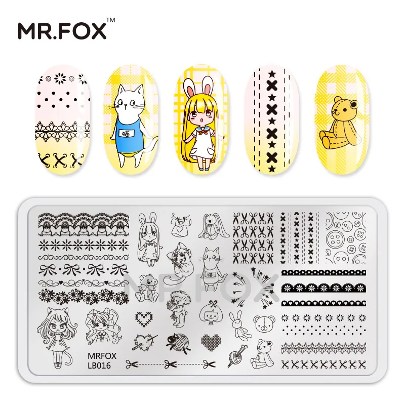 LB016 MR FOX штамповочная пластина для ногтей, кошка, собака, животный узор, штамп для ногтей, штамповка, шаблон, доска для изображений, инструмент для ногтей - Цвет: LB016