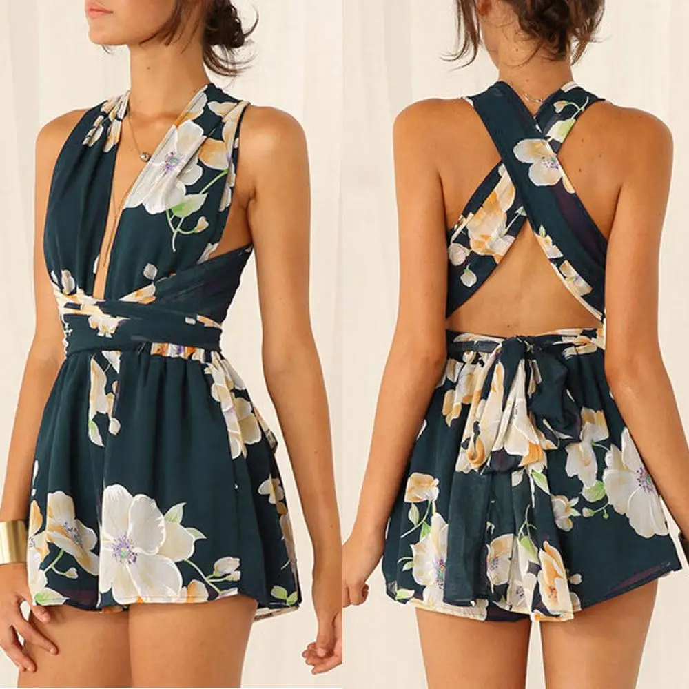 Женские летние комбинезоны 2019 цветочные с открытыми плечами Бохо шифоновые