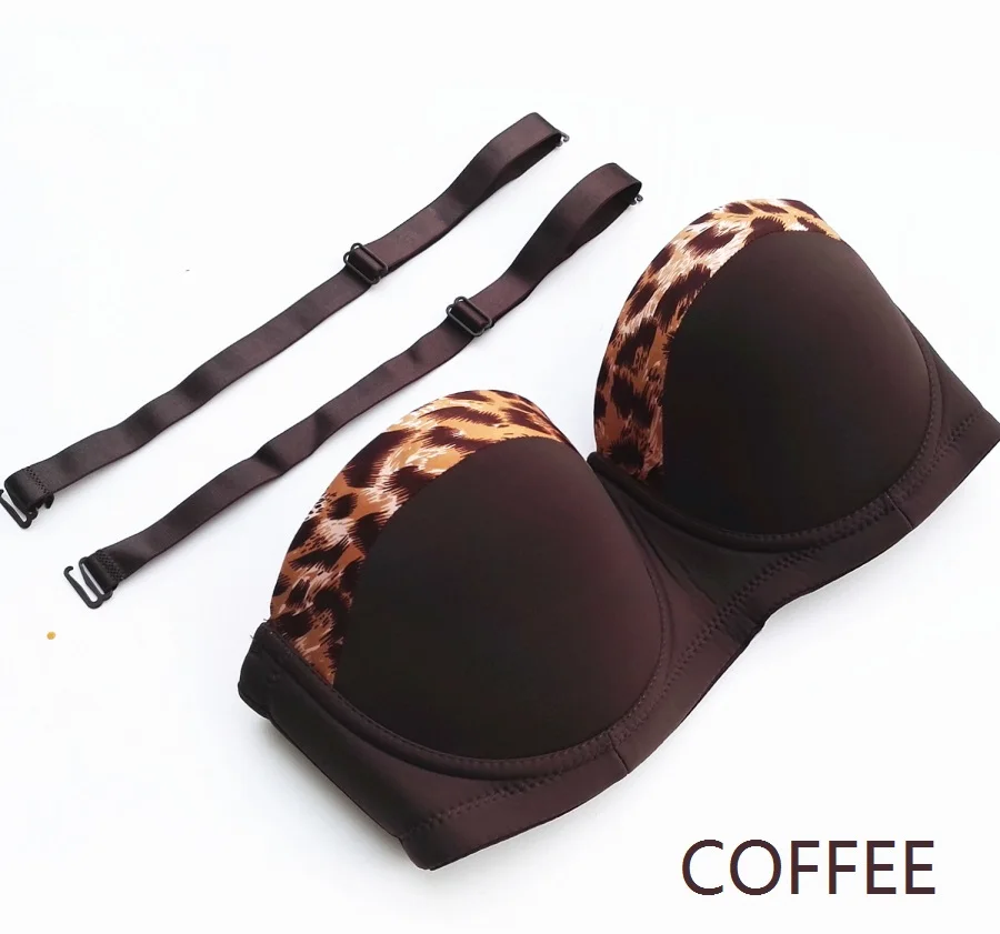 Coffee 36D-46D Женский Сексуальный Бюстгальтер-балконет с леопардовым принтом, мягкий бюстгальтер без бретелек, половина чашки, на косточках, силиконовый ремешок, многополосный бюстгальтер H917 - Цвет: Coffee