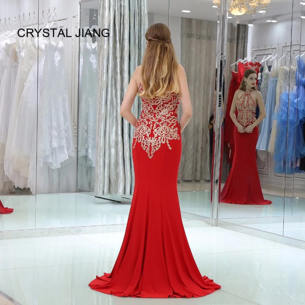 CRYSTAL JIANG 2018 Вечерние платья Длинные сексуальные Холтер Золото Кружева Аппликация