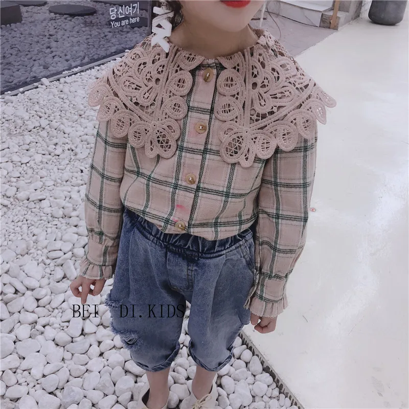 2019 Весенняя маленькая свежая рубашка в клетку для девочек с длинными рукавами и