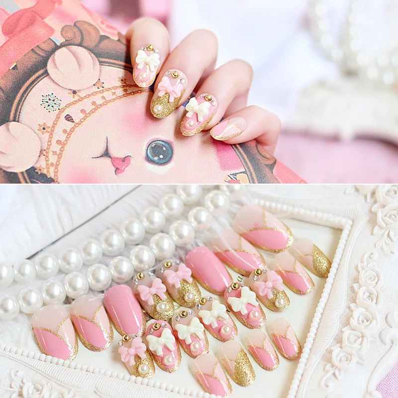 24 шт./лот накладные ногти полностью покрывающие 3D розовый лук блеск с жемчугом и