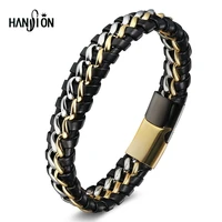 brand hansion jewelry mens bracelets black leather cord braided stainless steel bracelet for men jewelry