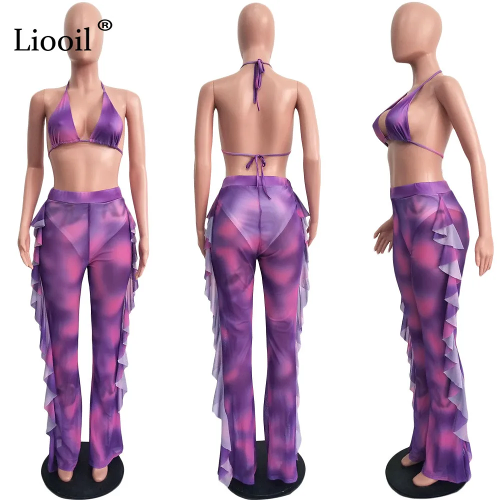 Liooil неоновые сетчатые Сексуальные вечерние Клубные комплекты из двух предметов, летняя одежда для женщин, топ и штаны с оборками, 2 предмета, комплект одежды