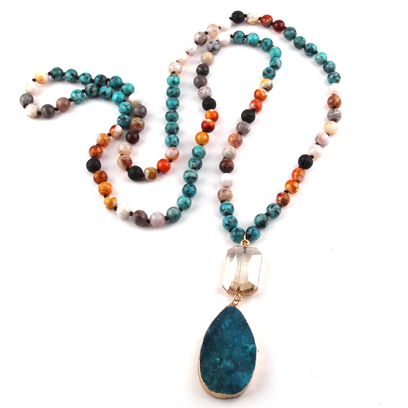 

Fashion Jewelry 108 Beads Multi Stone Knotted Crystal Link Natural Druzy Drop Pendant Necklace Wome Yoga Necklace