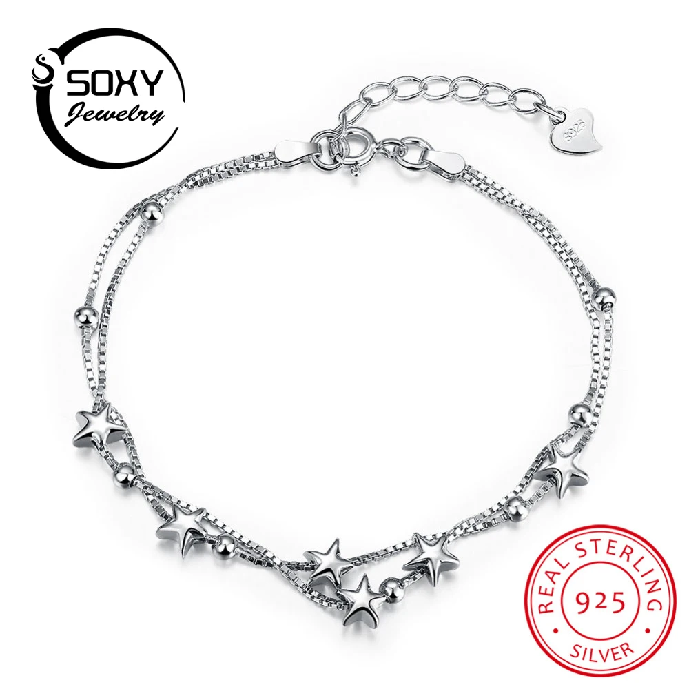 Soxy Для женщин натуральная S925 Серебряный браслет Браслеты звезды пунктирной