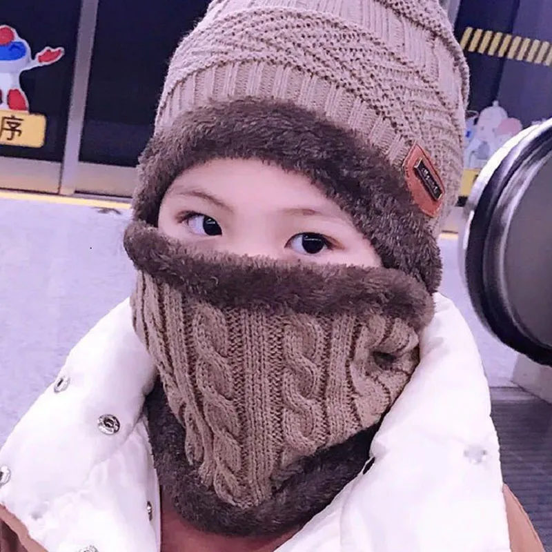 Baby Knitted Hat Scarf Winter Warm Children Kids Cap Beanies Circle Thicken Fleece Lining For 2-12 Years Boys Girls | Детская одежда и