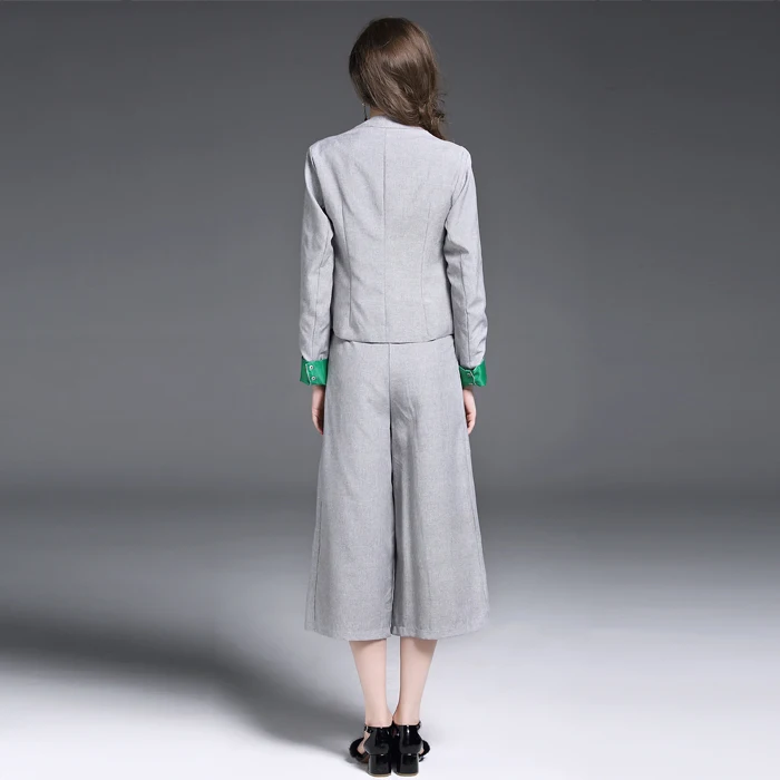 

European fashion new suit women top blouse wide-legged pants suit three pcs clothing office lady high quality suits grey outfit