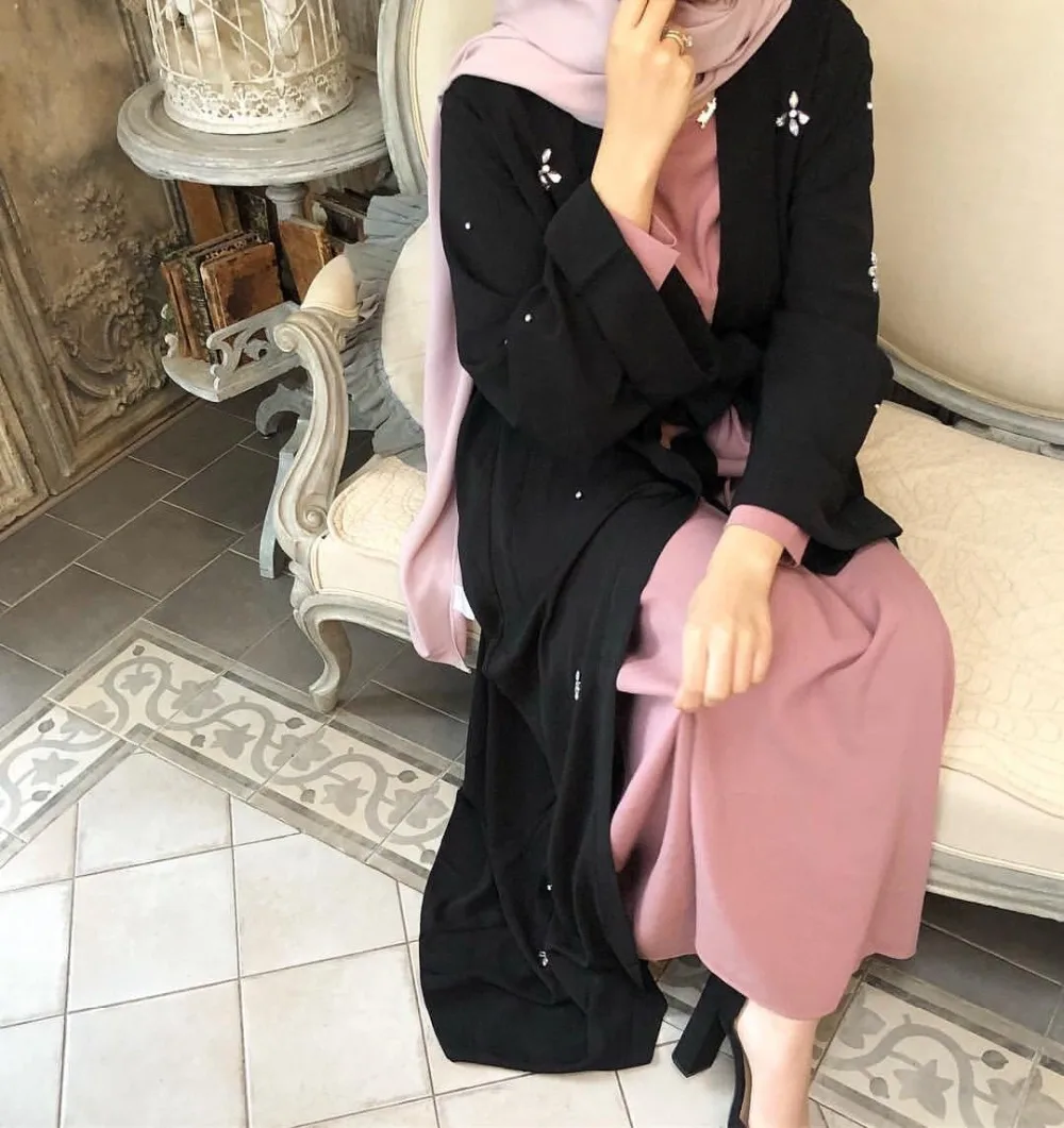 

Muslim Diamonds Beading Cardigan Abaya Full Dress Kimono Long Robe Gowns Jubah Dubai Middle East Ramadan Arab Islamic Clothing