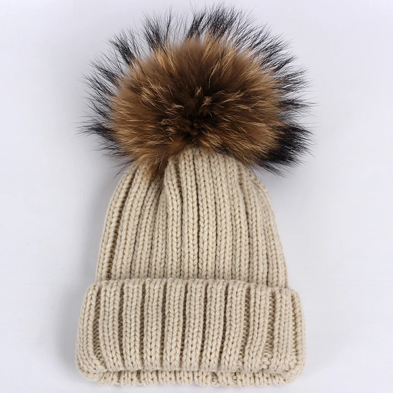 Winter new children's knitted cotton hats warm and comfortable girl real raccoon fur pompom Skullies boy ski caps Beanies thick |