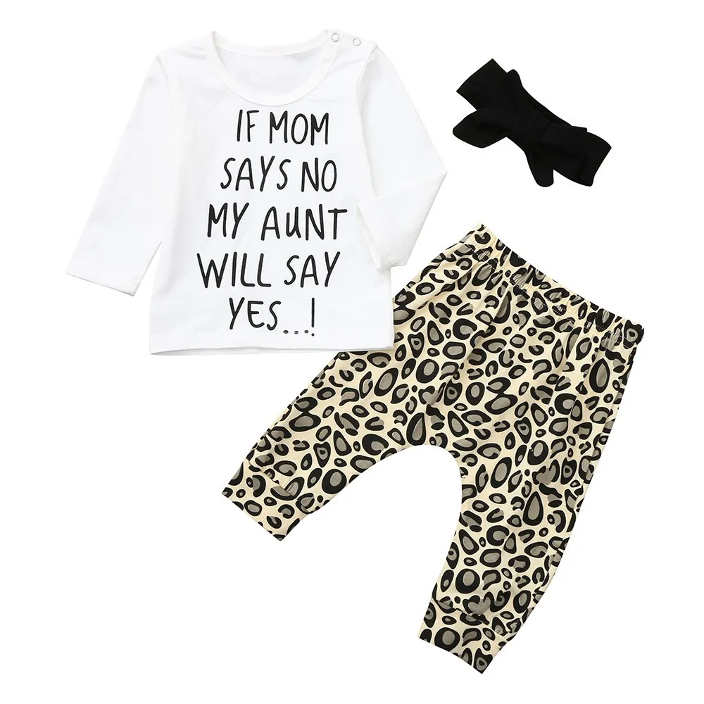 MUQGEW 3PCS Toddler Baby Letter Print Top Clothes+Leopard Pants+Headbands Girls Clothes Children Clothing Set | Детская одежда и