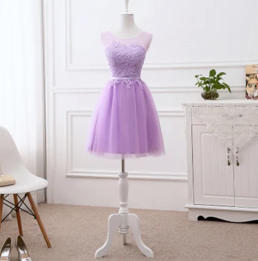 lilac short Vestido De Noiva, новинка, розовое платье подружки невесты с длинными аппликациями, кружевное, прозрачное, с вырезом, сиреневое, элегантное, свадебное, выпускное, вечерние, торжественное платье - Цвет: lilac short