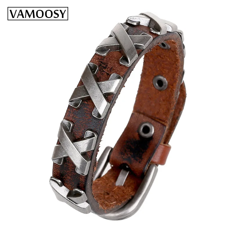 VAMOOSY кожаный браслет мужской тяжелый металлический рок женские Ретро панк