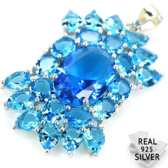 

Guaranteed Real 925 Solid Sterling Silver 5.4g 2018 New Designed Big Heavy Swiss Blue Topaz Pendant 39x23mm