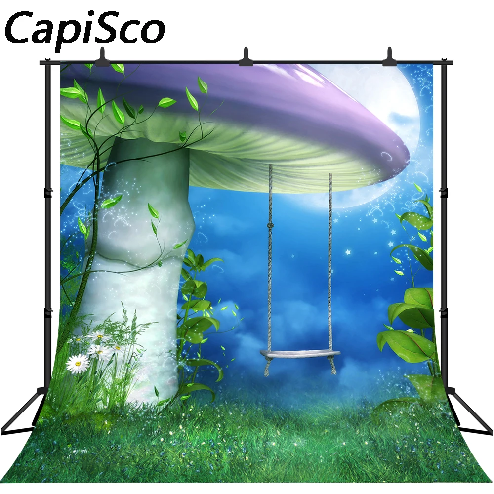 Capisco Dreamy гриб фон для фотосъемки сказочный лес качели луна ночь цветы Луг